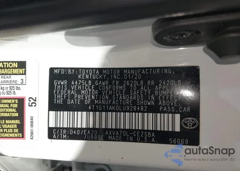 2020 Toyota Camry Se из США, поврежденный, VIN 4T1G11AK0LU928482